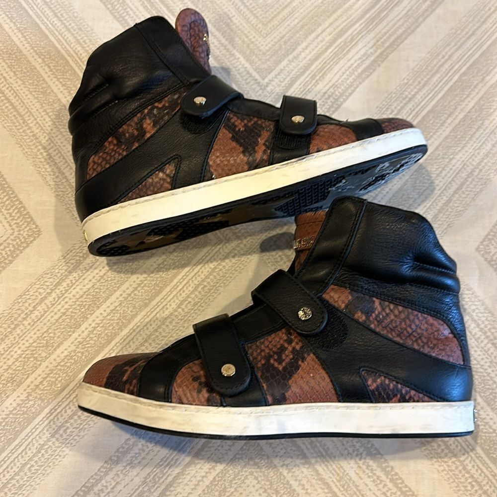 Jimmy Choo Yazz Black Brown Snakeskin Print High-Top Sneakers Gold Velcro Siz 37 - Picture 2 of 9